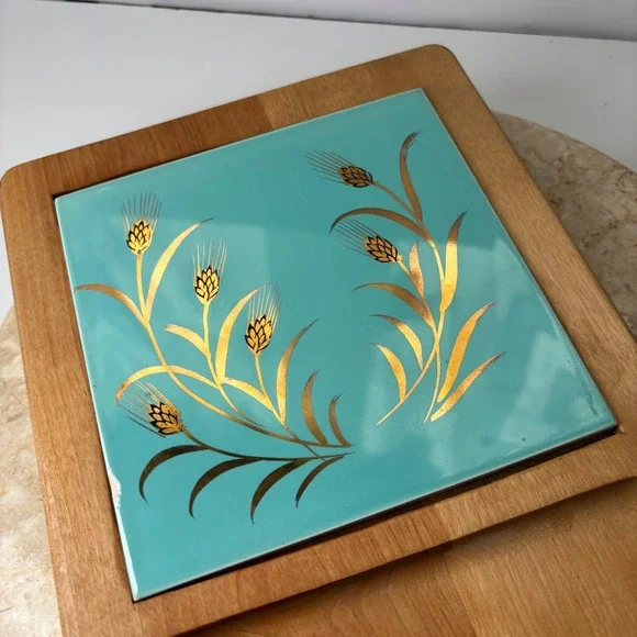 Vintage Mid Century Modern Wheat Design Serving Tray with Turquoise Tile - Picture 2 of 13
